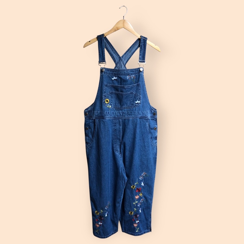 Vintage 90s Agapo Embroidered Denim Capri Overalls Cutesy Cottage Women’s Medium